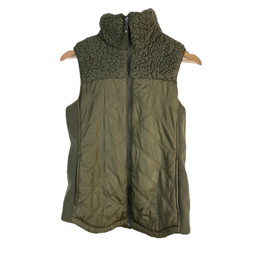 prAna Women's S Olive Green Quilted Sherpa Fleece Collar Full Zip Vest